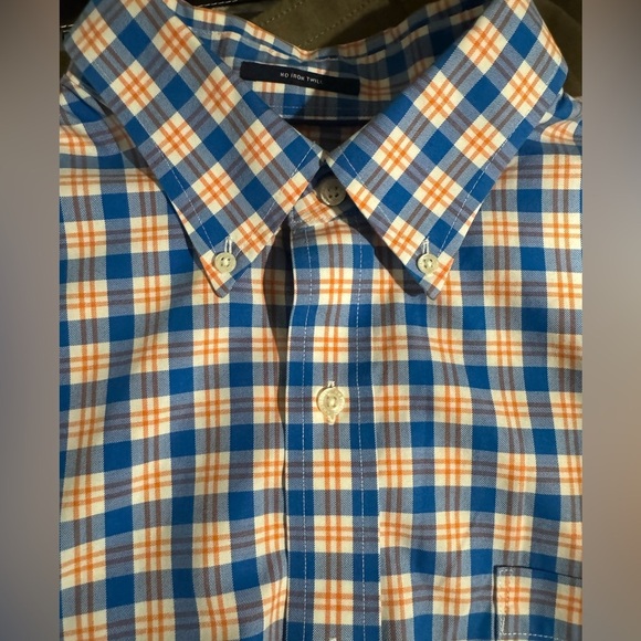 Land’s End Traditional Fit No Iron Twill Shirt Blue Orange Plaid Size Large - Picture 5 of 9